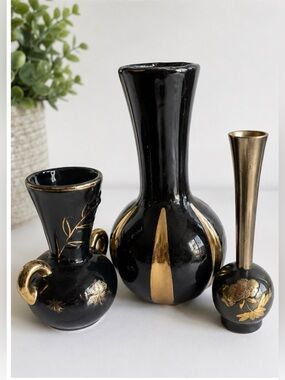 Vintage Black & Gold Vase Bundle | Mid Century Ceramic Bud Vases Set of 3